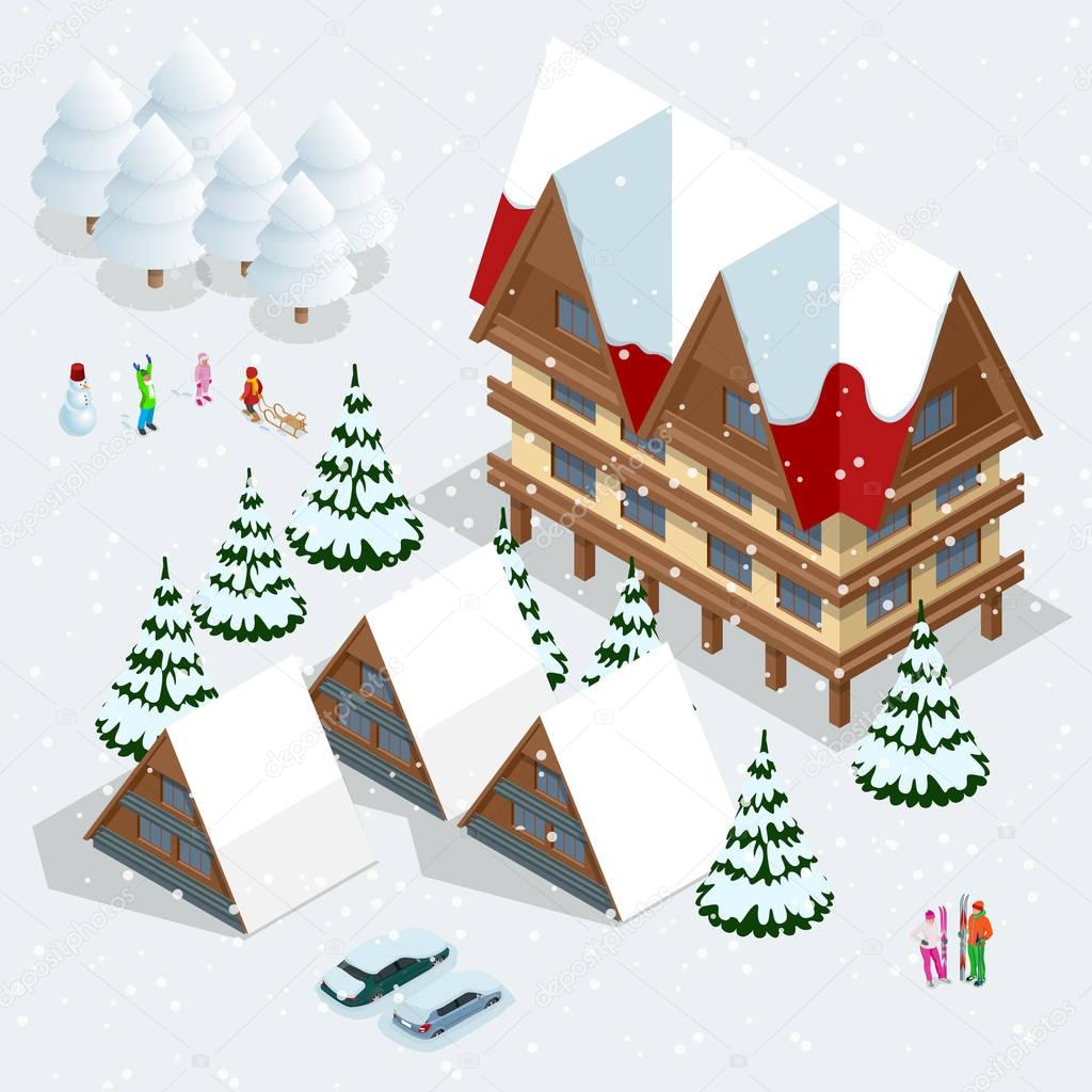 Ski resort, slope, people on the ski lift, skiers on the piste among white snow pine trees and hotel. Winter holiday web banner design. Vector isometric illustration.