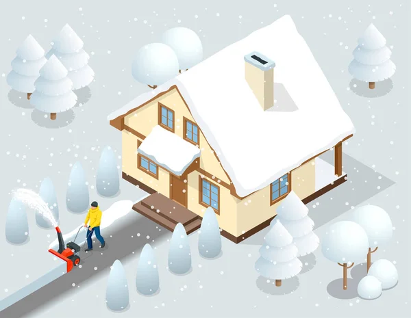 Um homem limpa a neve das calçadas com o quintal do ventilador de neve fora de sua casa. Cidade atrás de uma nevasca. Casa coberta de neve. Ilustração vetorial isométrica —  Vetores de Stock