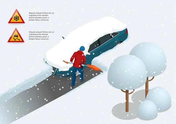 Un uomo con la pala che pulisce la neve ha riempito il cortile fuori dalla sua auto. Città dopo bufera di neve. Auto coperta di neve. Illustrazione vettoriale isometrica — Vettoriale Stock