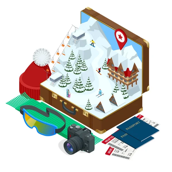 滑雪胜地, 斜坡, 人们在滑雪缆车上, 滑雪者在滑雪之间的白雪松树和酒店。冬季假期网页横幅设计。向量等轴图. — 图库矢量图片
