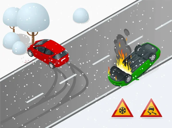 Isométrique hiver route glissante, accident de voiture. La voiture roule sur une route glissante. La voiture s'est écrasée dans un arbre, la voiture s'est retournée et a pris feu. Transports urbains . — Image vectorielle