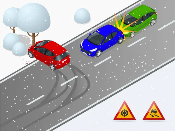Isometrische winter glad road, auto-ongeluk. De auto rijdt op een gladde weg. De auto crashte in een boom. Stedelijk vervoer. — Stockvector