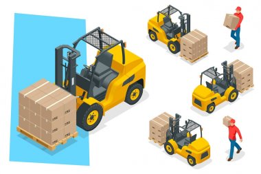İzometrik vektör forklift kamyon üzerinde beyaz izole. Depolama ekipmanları Icon set. Stapler çeşitli kombinasyonları, depolama rafları, paletler için Infographics ürünler ile.