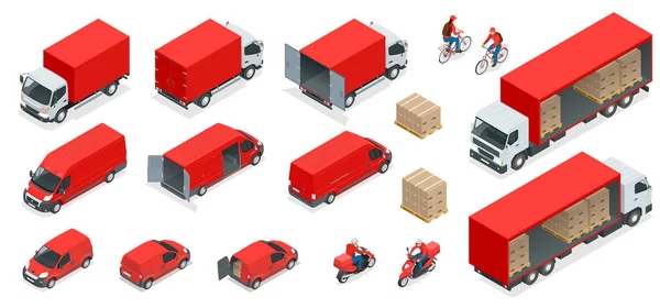 Isometrisch logistiek icons set van verschillende transport distributie voertuigen, levering elementen. Vracht geïsoleerd op witte achtergrond. — Stockvector