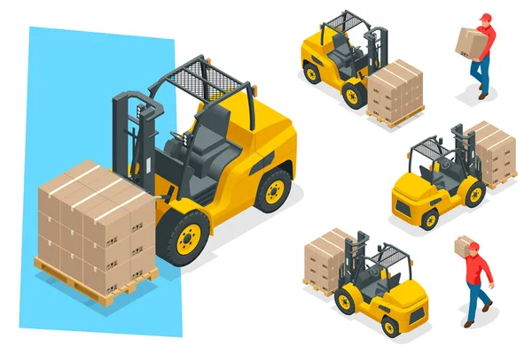 İzometrik vektör forklift kamyon üzerinde beyaz izole. Depolama ekipmanları Icon set. Stapler çeşitli kombinasyonları, depolama rafları, paletler için Infographics ürünler ile. — Stok Vektör