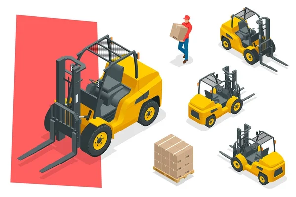 İzometrik vektör forklift kamyon üzerinde beyaz izole. Depolama ekipmanları Icon set. Stapler çeşitli kombinasyonları, depolama rafları, paletler için Infographics ürünler ile. — Stok Vektör