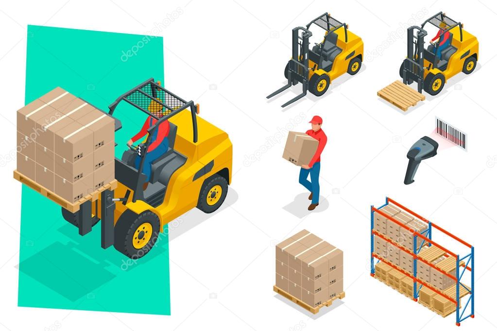 Isometric vector forklift truck isolated on white. Storage equipment icon set. Forklifts in various combinations, barcode, storage racks, pallets with goods for infographics.