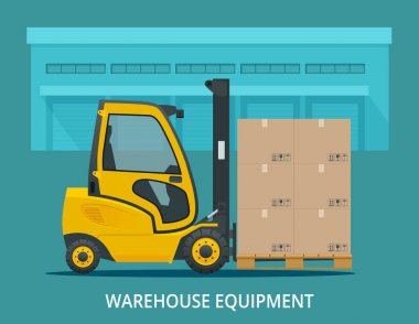 İzometrik vektör forklift kamyon üzerinde beyaz izole. Depolama ekipmanları Icon set. Stapler çeşitli kombinasyonları, depolama rafları, paletler için Infographics ürünler ile. Yan görünüm