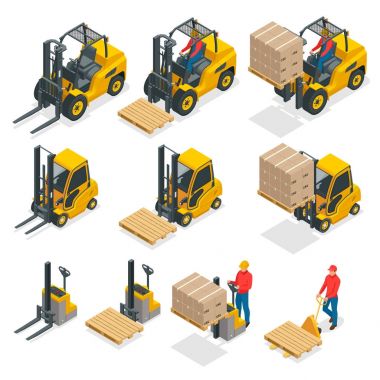 İzometrik vektör forklift kamyon üzerinde beyaz izole. Depolama ekipmanları Icon set. Stapler çeşitli kombinasyonları, depolama rafları, paletler için Infographics ürünler ile.