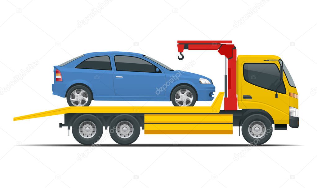 Tow truck city road assistance service evacuator. Tow truck delivers the damaged vehicle.
