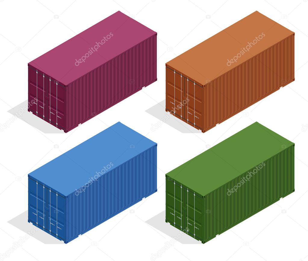 Isometric vector large metal containers for transportation. Closed doors with cardboard boxes. Delivery of cargo, shipping.