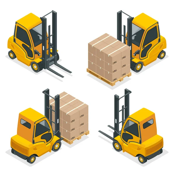 Isometric vector Compact Forklift Trucks isolated on white. Storage equipment icon set. Forklifts in various combinations, storage racks, pallets with goods for infographics. — Stock Vector