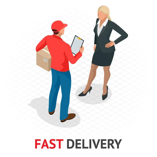 Isomeric fast delivery concept. Delivery man in red uniform holding boxes and documents. Courier order, worldwide shipping. Fast and Free Transport — Stock Vector