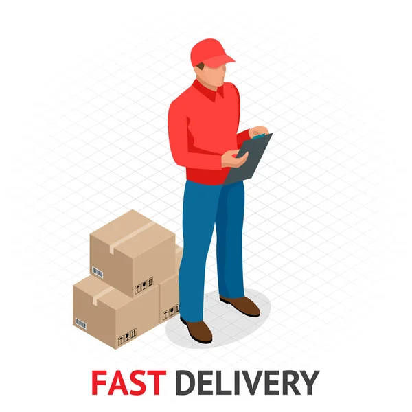 Concepto isomérico de entrega rápida. Repartidor en uniforme rojo con cajas y documentos. Orden de mensajería, envío en todo el mundo. Transporte rápido y gratuito — Vector de stock