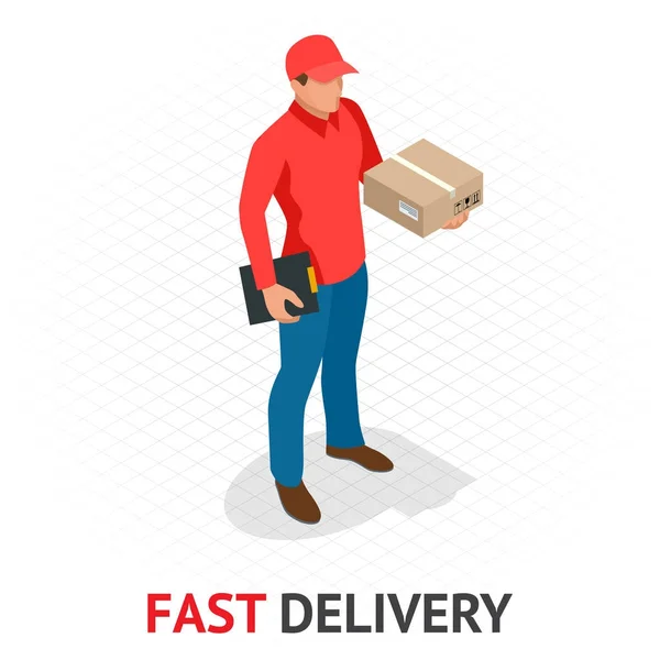 Konsep pengiriman cepat Isomer. Pengiriman pria berseragam merah memegang kotak dan dokumen. Pesanan kurir, pengiriman ke seluruh dunia. Transportasi Cepat dan Bebas - Stok Vektor