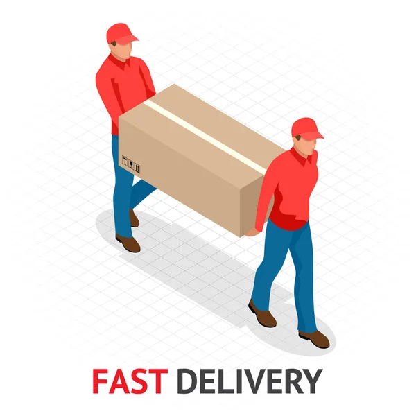 Izomer gyors szállítás fogalma. Szállítási ember a piros egységes dobozok és dokumentumokat. Futár rendelés, szállítás világszerte. Gyors és ingyenes szállítás — Stock Vector