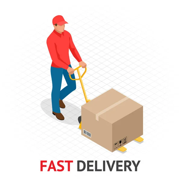 Isomere snelle levering concept. Delivery man in rode uniform holding vakken en documenten. De volgorde van de Courier, wereldwijd verzenden. Snel en gratis vervoer — Stockvector