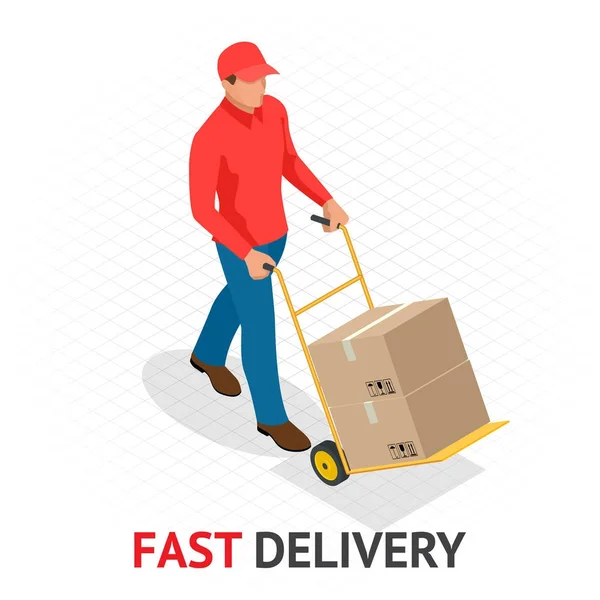 Isomeric fast delivery concept. Delivery man in red uniform holding boxes and documents. Courier order, worldwide shipping. Fast and Free Transport — Stock Vector