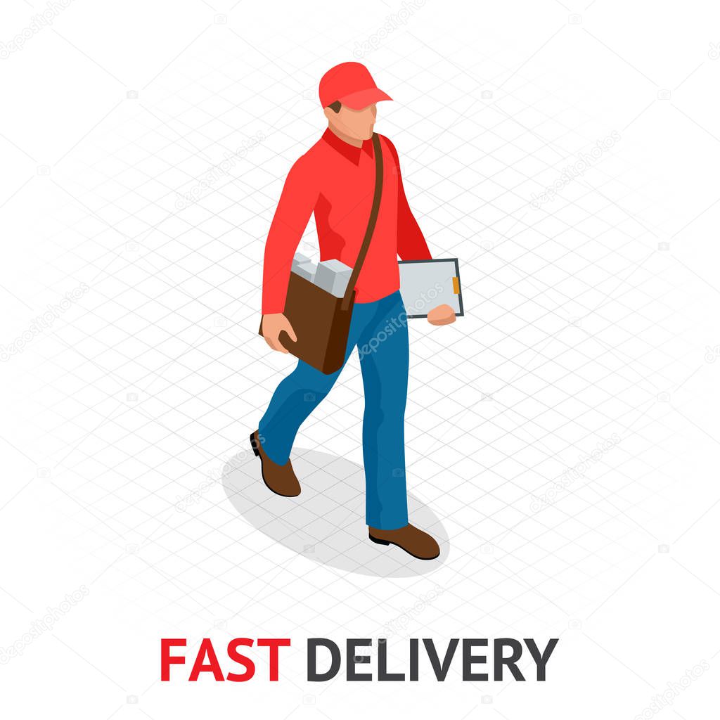 Isomeric fast delivery concept. Delivery man in red uniform holding boxes and documents. Courier order, worldwide shipping. Fast and Free Transport
