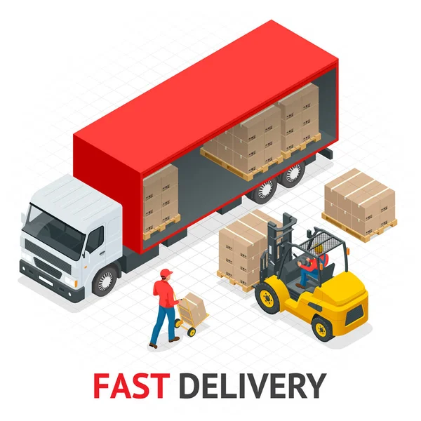 Izometrikus szállítás és a szállítási szolgáltatás. Gyors és ingyenes szállítás. Raklap doboz és a szállítási folyamat store vektoros illusztráció. — Stock Vector