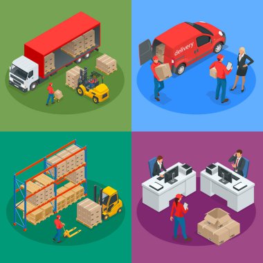 İzometrik lojistik ve teslimat kavramı. Teslim ev ve ofis. Şehir lojistik. Ambar, kamyon, forklift, kurye ve teslimat adam.