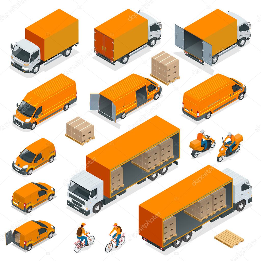 Isometric Logistics icons set of different transportation distribution vehicles, delivery elements. Cargo transport isolated on white background.
