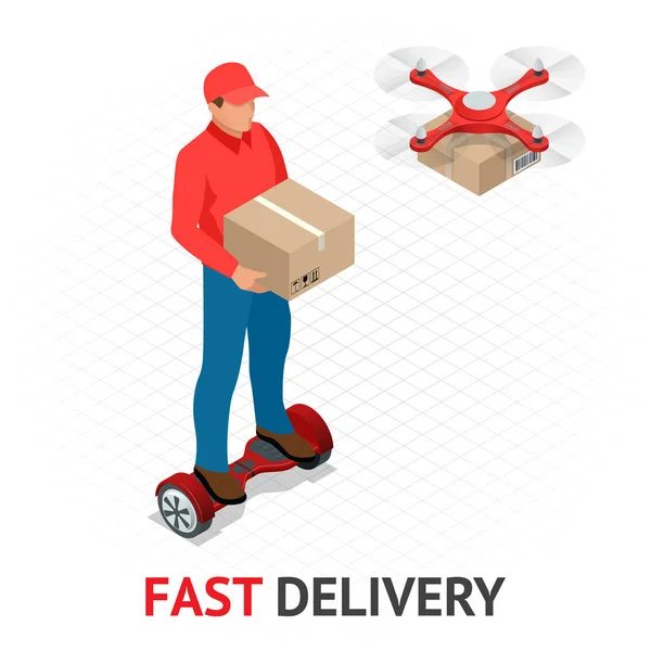 Isomeric fast delivery concept. Delivery man in red uniform holding boxes and documents on hoverboard and drone. Courier order, worldwide shipping. Fast and Free Transport — Stock Vector