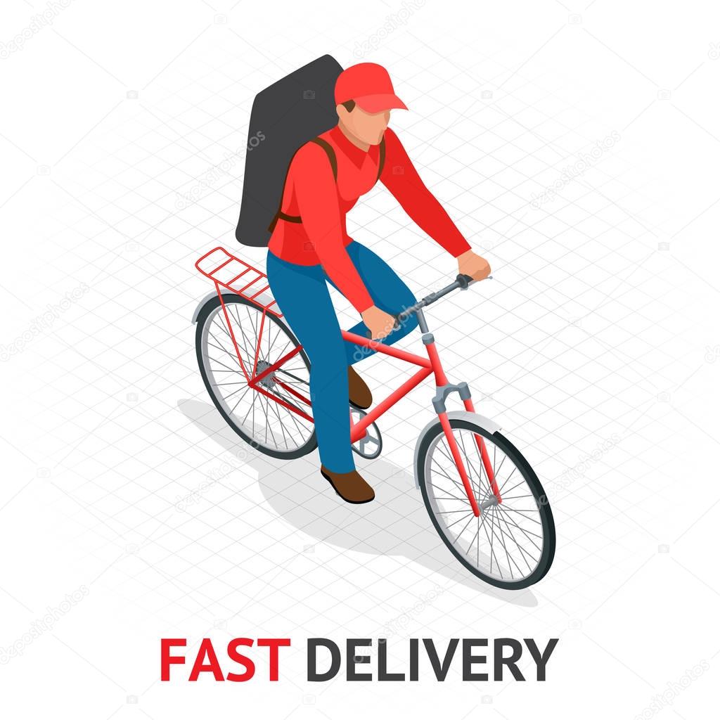 Isomeric fast delivery concept. Delivery man or cyclist in red uniform from delivery company speeding on a bike through city streets with a hot food delivery from restaurants to homes