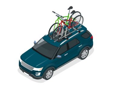 İzometrik suv araba iki bisiklet ile çatı rack monte. Beyaz arka plan üzerinde izole düz stil vektör çizim.