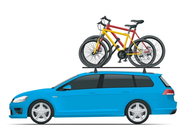 侧观旅行车车与两个自行车安装在屋顶架上。白色背景上孤立的平面式矢量插图. — 图库矢量图片