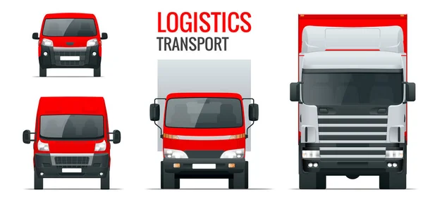 Logistika dopravy. Pohled zepředu na přívěs, Semi truck, nákladní doprava, van a minivan. Prázdné nákladní dodávky nákladních automobilů. Izolované nákladní vozidlo na bílé. — Stockový vektor