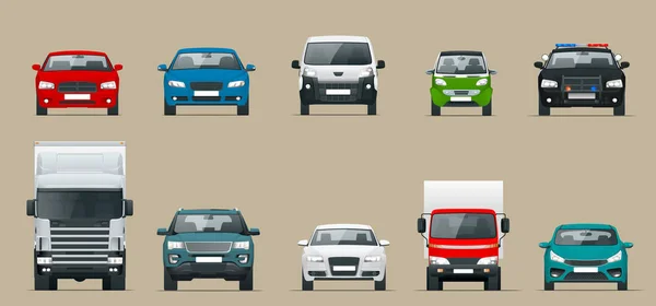 Conjunto de vista frontal del coche. Vehículos conduciendo en la ciudad. Ilustración de dibujos animados de estilo plano vectorial aislada sobre fondo gris — Vector de stock