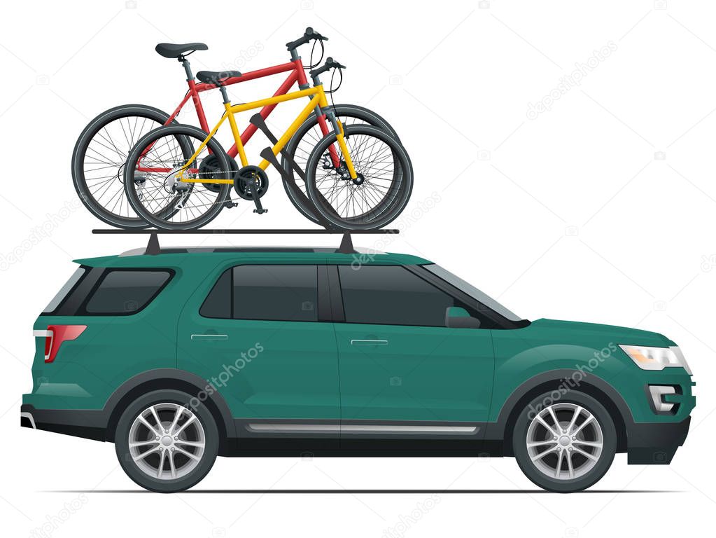 Side view suv car with two bicycles mounted on the roof rack. Flat style vector illustration isolated on white background.