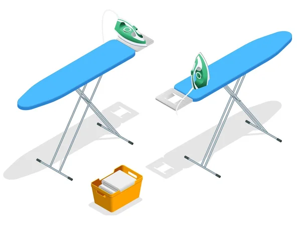 Plancha isométrica, tabla de planchar y cesta de lavanderíaf ilustración vectorial de estilo plano aislado sobre fondo blanco . — Vector de stock