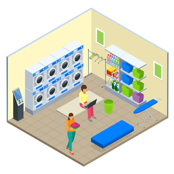 Çamaşırhane servisi ve Kuru Temizleme kavramı. Endüstriyel Çamaşırhane makinaları çamaşırhanede içinde satır. Demir, Ütü Masası ve Çamaşırhane basketf. Düz izometrik stil vektör çizim
