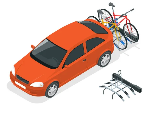 Motos isométricas cargadas en la parte trasera de una furgoneta. Coche y bicicletas. Ilustración vectorial de estilo plano aislado sobre fondo blanco . — Vector de stock