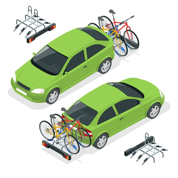 Isometrische fietsen geladen op de achterkant van een busje. Auto en fietsen. Vlakke stijl vectorillustratie geïsoleerd op witte achtergrond. — Stockvector