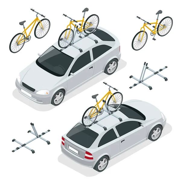 等尺性の車が屋根の上の自転車を輸送します。バイクの輸送。白い背景で隔離のフラット スタイル ベクトル図. — ストックベクタ