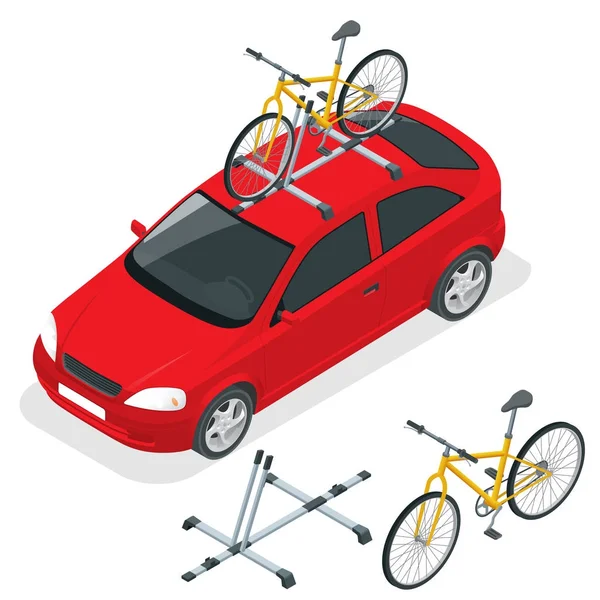 Carro isométrico está transportando bicicletas no telhado. Transporte de bicicleta. Ilustração vetorial de estilo plano isolada no fundo branco . — Vetor de Stock
