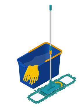 Ev ve Oda Servisi simgesini temizlik. Sıvı ve sarı eldiven Temizleme yıkama ile kova ile modern plastik kuru paspas.