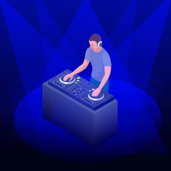 Jovem hipster DJ misturando música nas mesas giratórias. DJ tocando e misturando música no convés em uma festa. Ilustração de design plano vetorial . — Vetor de Stock