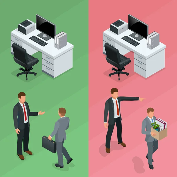 Isometric businessman is hired in an office and employee is fired from his job concept. Vector illustration — Stock Vector