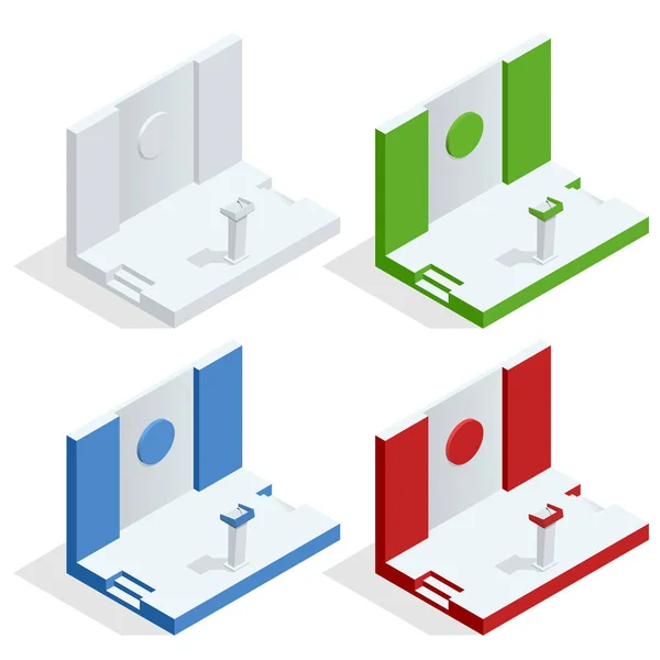 Isomric Tribune Set Vector. Podium Rostrum Stand con microfoni. Presentazione o conferenza di affari, discorso di dibattito isolato — Vettoriale Stock