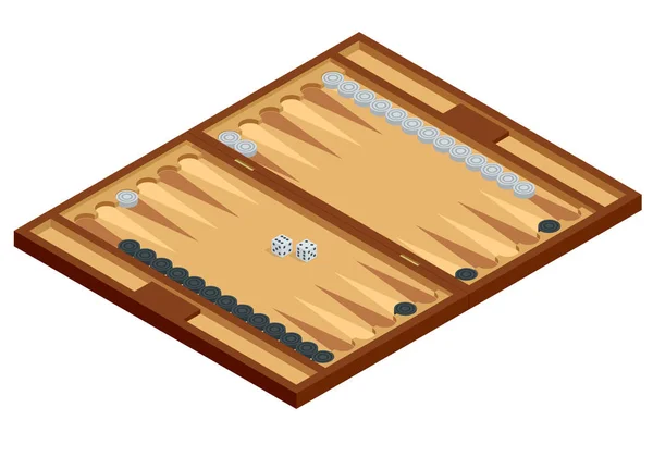 木製バックギャモン ボード、等尺性ピースとサイコロを再生すると。ベクトル図 — ストックベクタ