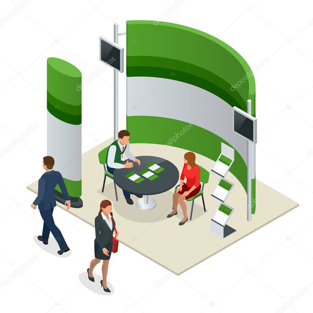 Advertising exhibition stands mockup 3D composition for a recruitment agency or tour agencies. Vector isometric illustration