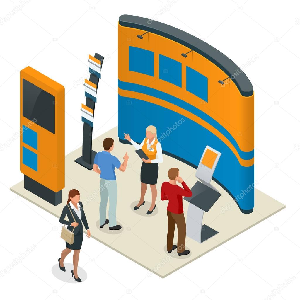 Advertising exhibition stands mockup 3D composition for a recruitment agency or tour agencies. Vector isometric illustration
