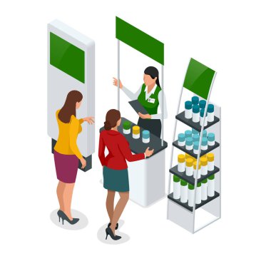 Isometric promotional stands or exhibition stands including display desks shelves and people with products and handout clipart