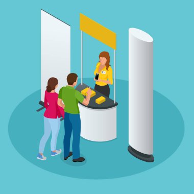 Görüntü masaları raflar ve ürünleri ve dinleyici notu olan kişiler dahil olmak üzere izometrik promosyon standları veya Sergi standları