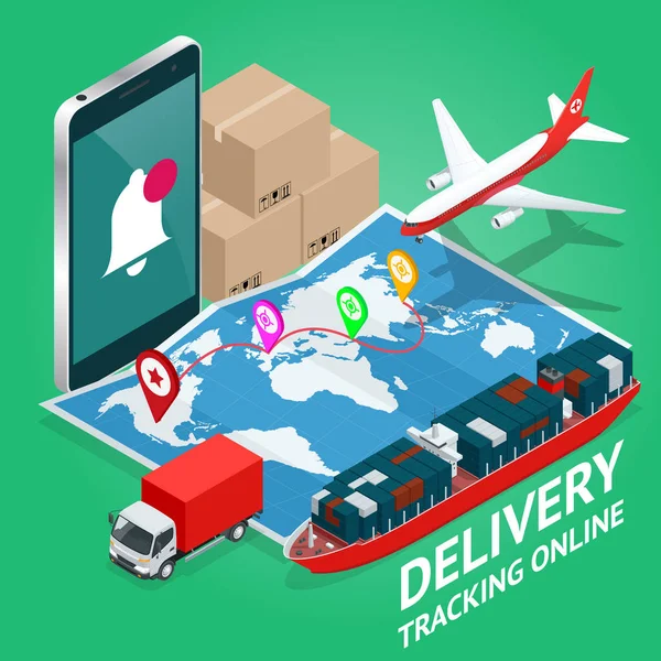 Ισομετρική κινητό έξυπνο τηλέφωνο με παράδοση κινητό app παρακολούθησης. Vector μοντέρνο σχεδιασμό γραφικών επίπεδη δημιουργική πληροφορίες κατά την παράδοση εφαρμογή παρακολούθησης. Δίκτυο Global logistics — Διανυσματικό Αρχείο