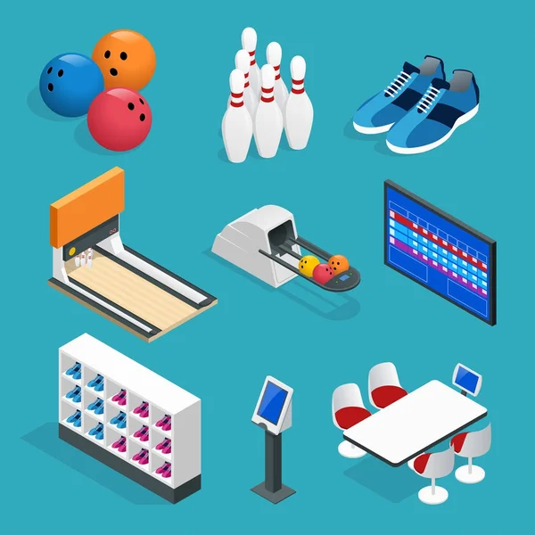 Isometric Bowling icônes réalistes avec équipement de jeu, tables de café, étagères pour chaussures, skittles, et des balles isolées — Image vectorielle